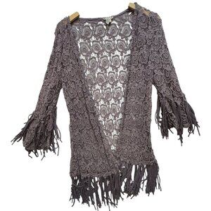 Women's Open Cottagecore Coquette Knit Fringe Cardigan Cover Up Size S Mauve